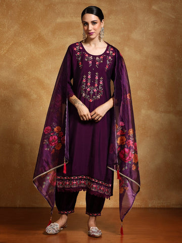 Varanga Women Floral Motif Thread Embroidered Yoke Kurta with Trouser & Dupatta